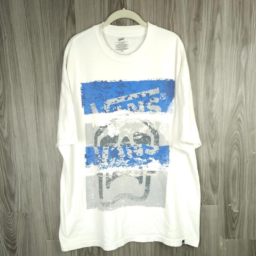 Vans Mens XXL White Graphic T-Shirt Distressed Skull Logo Blue Grey Cotton Tee